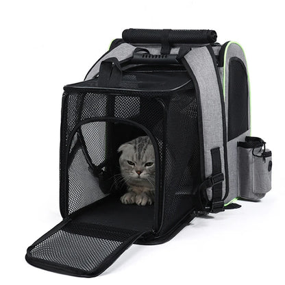 Sac à dos pour chat extensible gris chiné ouvert avec son extension parc en mesh. Un chat gris est assis à l'intérieur du sac dos pour chat Les Trésors d'Owka. Sac dos chat premium avec liseré jaune fluo, porte-gourde et aération maximale pour le voyage.