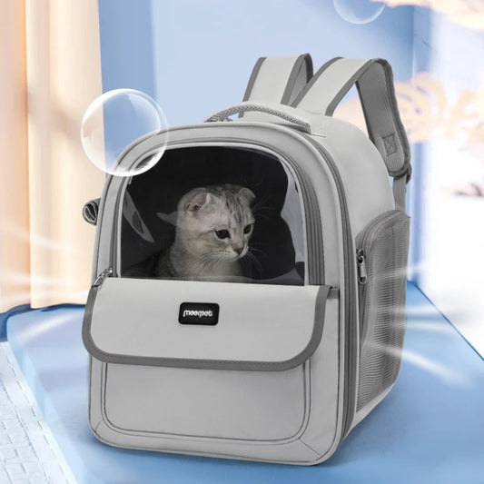 Sac à dos pour chat gris perle avec hublot panoramique et système de ventilation optimisé. Un chat est assis dans le sac dos pour chat Les Trésors d'Owka aux parois latérales en mesh respirant. Sac dos chat moderne, léger et ergonomique pour un transport sécurisé en toute saison.