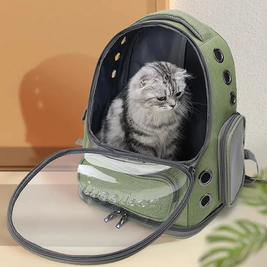 Sac à dos pour chat panoramique vert avec hublot transparent et œillets d'aération. Un chat gris est installé dans le sac dos pour chat Les Trésors d'Owka ouvert sur une table. Sac dos chat confortable et respirant pour le voyage et les sorties chez le vétérinaire.