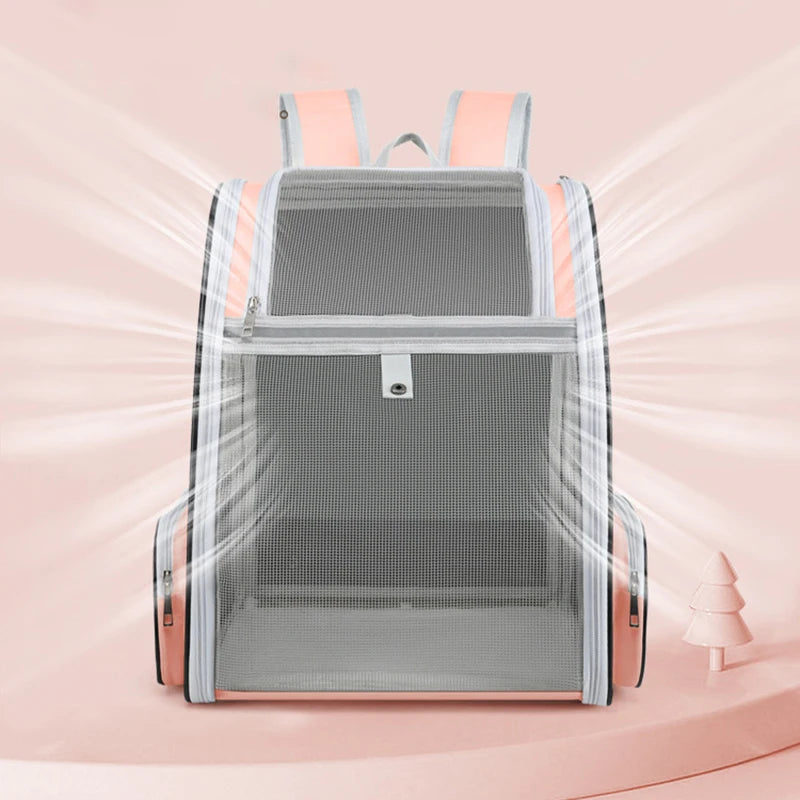 Infographie du sac à dos pour chat respirant rose avec système de ventilation à 360 degrés. Vue de face du sac dos pour chat Les Trésors d'Owka en maille mesh grise anti-chaleur. Sac dos chat léger et sécurisé pour un transport confortable en toute saison.
