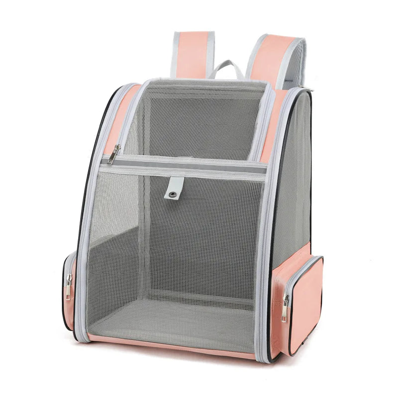 Sac à dos pour chat rose saumon et gris en maille mesh ultra-respirante. Vue de face du sac dos pour chat Les Trésors d'Owka avec double zip et poches de rangement latérales. Sac dos chat léger et sécurisé offrant une ventilation maximale pour le transport.