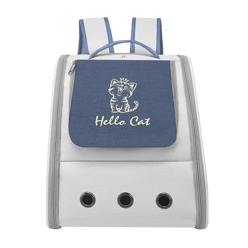 Sac à dos de transport pour chat blanc avec rabat bleu marine illustré d'un chaton et l'inscription "Hello Cat", doté de trois œillets d'aération métalliques et d'une structure ergonomique.