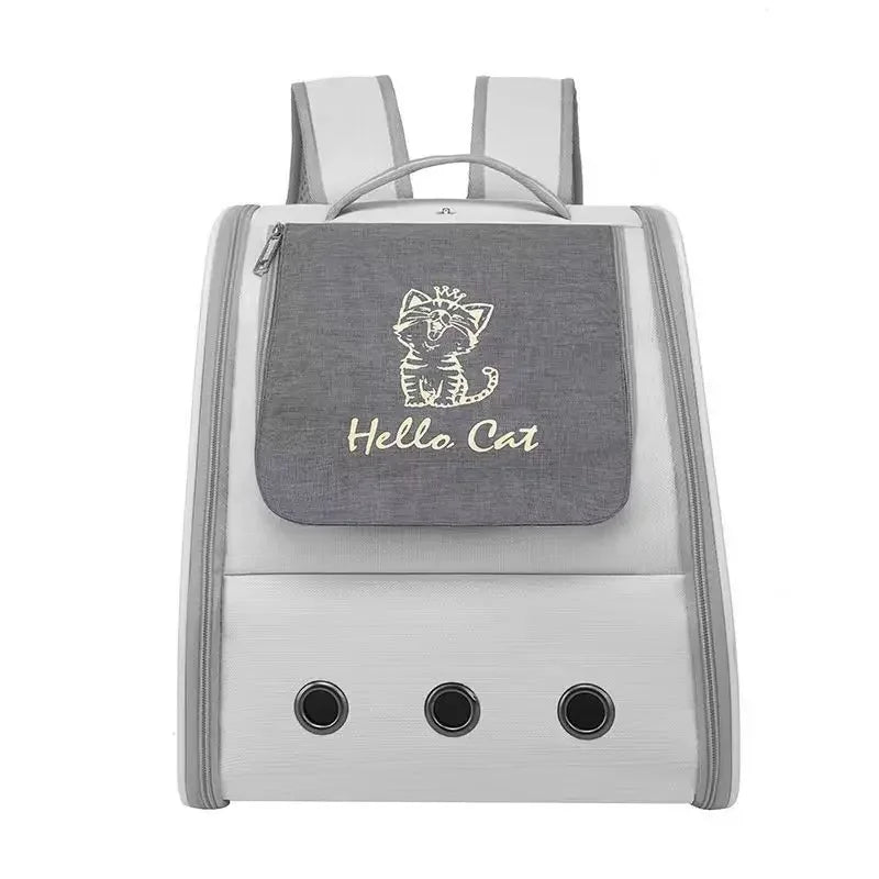 Sac à dos de transport pour chat blanc avec rabat gris chiné illustré d'un chaton et l'inscription "Hello Cat", doté de trois œillets d'aération métalliques et d'une structure ergonomique.