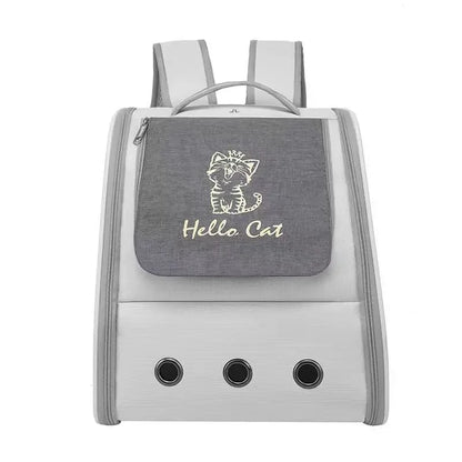 Sac à dos de transport pour chat blanc avec rabat gris chiné illustré d'un chaton et l'inscription "Hello Cat", doté de trois œillets d'aération métalliques et d'une structure ergonomique.