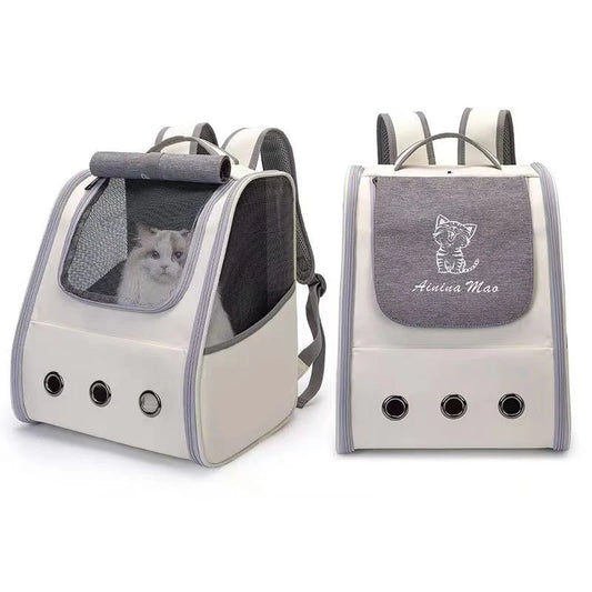 Sac à dos de transport pour chat blanc et gris de luxe avec large fenêtre en filet panoramique, trois œillets d'aération métalliques et rabat de protection illustré d'un chaton.