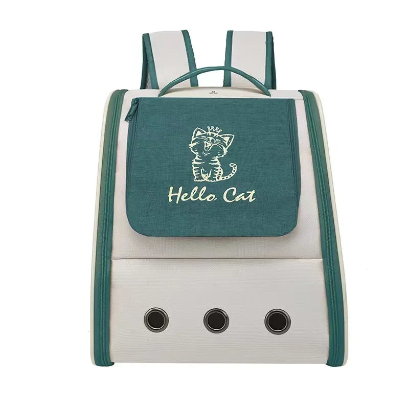 Sac à dos de transport pour chat blanc avec rabat vert émeraude illustré d'un chaton et l'inscription "Hello Cat", doté de trois œillets d'aération métalliques et d'une structure ergonomique.