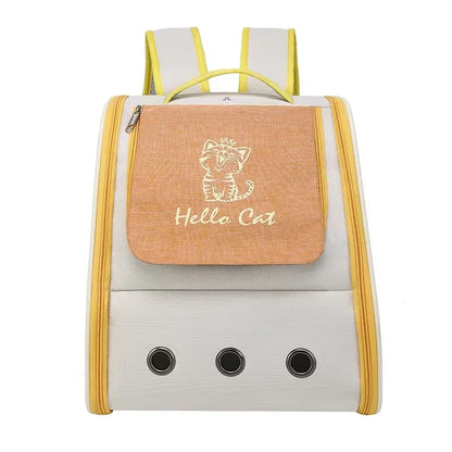 Sac à dos de transport pour chat crème avec rabat orange illustré d'un chaton et l'inscription "Hello Cat", doté de trois œillets d'aération métalliques et d'une structure ergonomique.