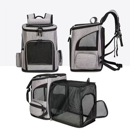 Présentation multi-angle d'un sac à dos de transport pour chat gris chiné, montrant sa structure extensible en tente de repos en filet noir, ses bretelles ergonomiques et ses ouvertures aérées.