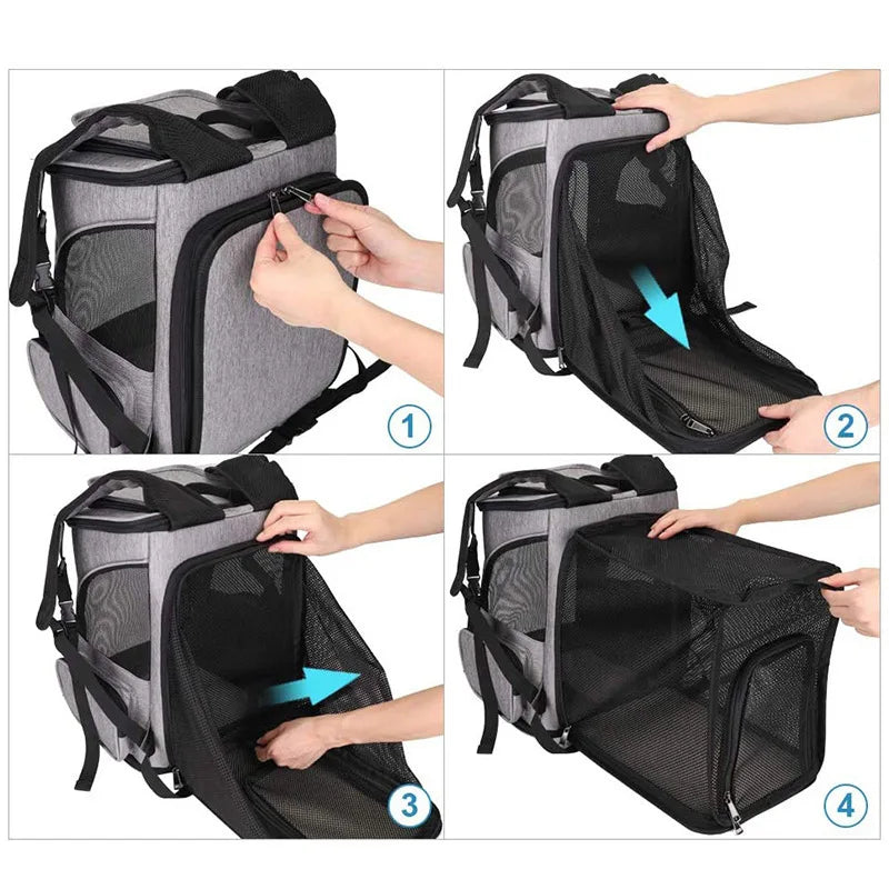 Sac à dos de transport pour chat gris chiné avec extension tente panoramique déployée en maille filet noire, offrant un large espace de repos aéré et sécurisé pour l'animal.