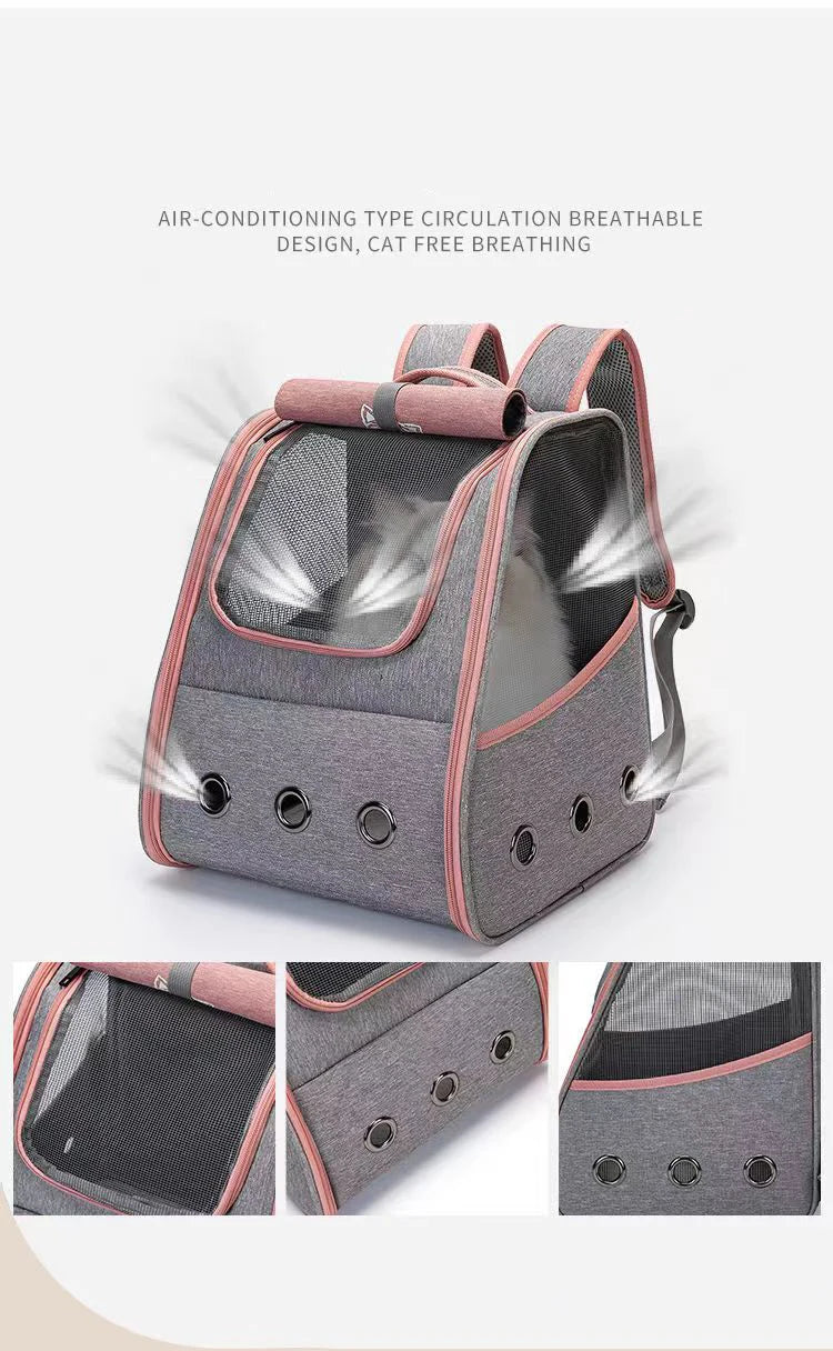 Schéma technique d'un sac à dos de transport pour chat gris et rose illustrant le système de circulation d'air à 360° grâce à ses fenêtres en maille filet et ses œillets d'aération latéraux et frontaux.