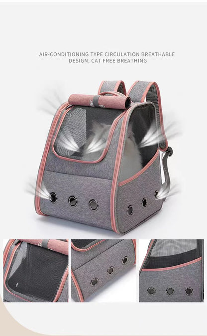 Schéma technique d'un sac à dos de transport pour chat gris et rose illustrant le système de circulation d'air à 360° grâce à ses fenêtres en maille filet et ses œillets d'aération latéraux et frontaux.