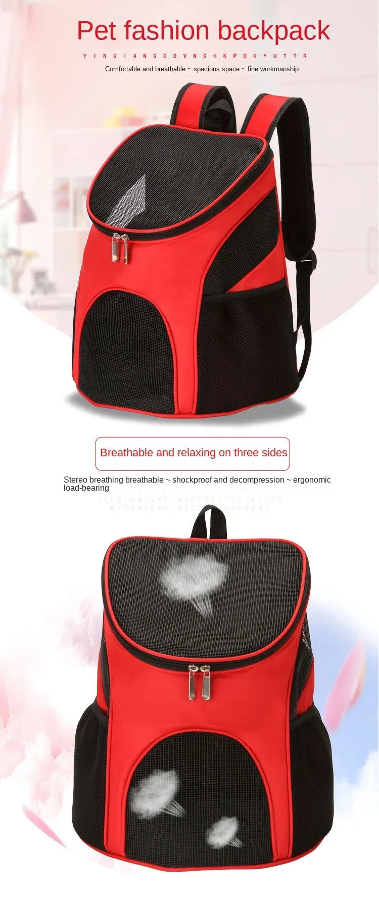 Infographie présentant un sac à dos de transport pour chat rouge et noir avec larges zones de ventilation en maille mesh sur trois côtés, illustrant la circulation d'air optimale et le design ergonomique.