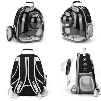 Femme portant un sac à dos de transport pour chat noir avec coque entièrement transparente et fenêtre en forme de bulle, montrant un chat blanc à l'intérieur et une petite porte latérale zippée ouverte.