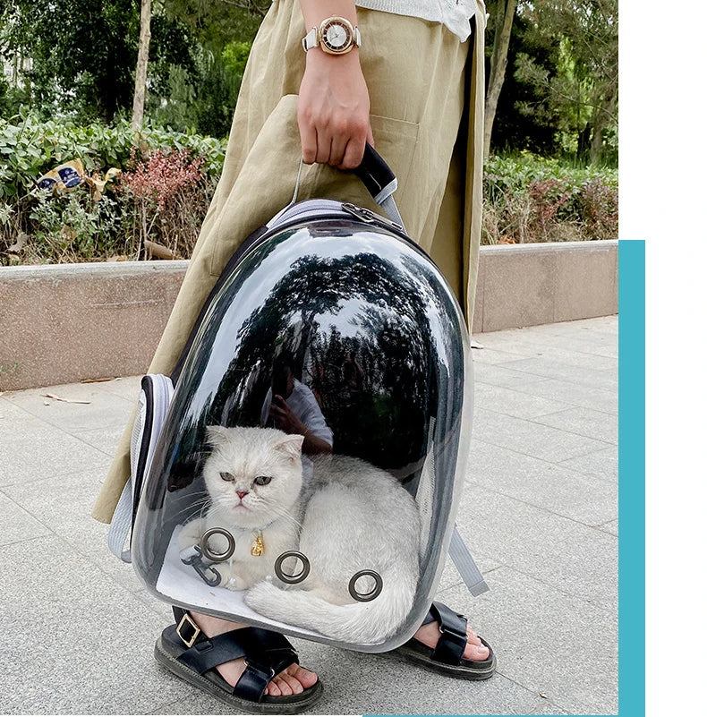 Femme portant à l'épaule un sac à dos de transport pour chat noir avec une grande fenêtre panoramique transparente, montrant un chat blanc serein à l'intérieur profitant de la vue extérieure.