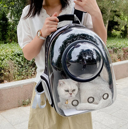 Femme portant à l'épaule un sac à dos de transport pour chat noir avec une grande fenêtre panoramique transparente, montrant un chat blanc serein à l'intérieur profitant de la vue extérieure.