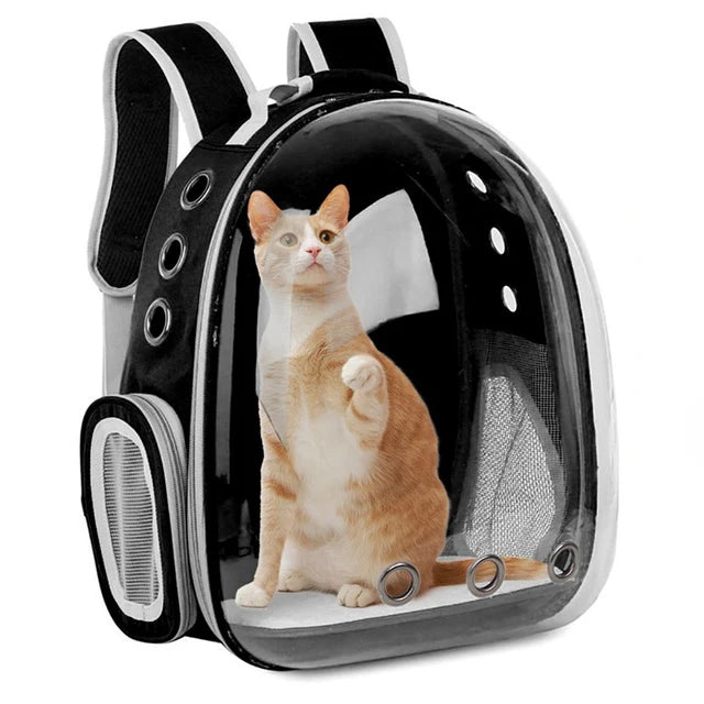Femme portant à l'épaule un sac à dos de transport pour chat noir avec une grande fenêtre panoramique transparente, montrant un chat blanc serein à l'intérieur profitant de la vue extérieure.