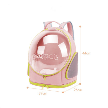 Sac à dos de transport pour chat rose pastel avec fenêtre bulle panoramique en cours de pliage à plat, illustrant sa fonction de stockage compact et sa structure flexible.