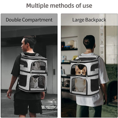 Comparatif d'utilisation d'un sac à dos gris modulable pour animaux : à gauche, version double compartiment avec deux chats ; à droite, version grand sac spacieux accueillant un petit chien de type Corgi.