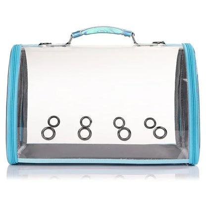 Sac de transport panoramique pour chat et petit chien en matériau transparent rigide avec finitions bleu irisées, équipé de six œillets de ventilation frontaux et d'une poignée de portage ergonomique.
