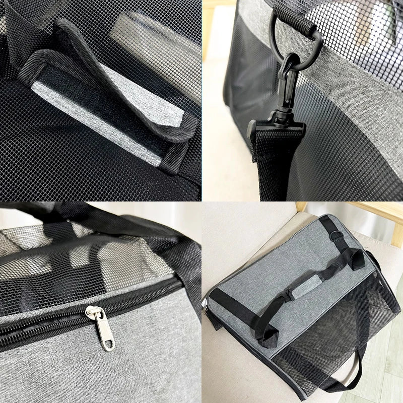 Détails d'un sac de transport pour chat gris en tissu Oxford résistant, montrant la maille d'aération zippée, les mousquetons métalliques robustes de la bandoulière et le design compact posé sur une chaise.