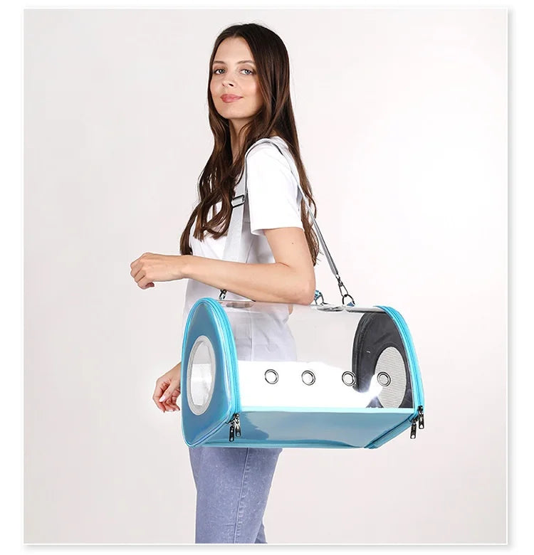 Mannequin portant à l'épaule un sac de transport pour chat bleu ciel aux parois transparentes, illustrant la profondeur du sac, ses œillets de ventilation frontaux et sa bandoulière grise réglable.