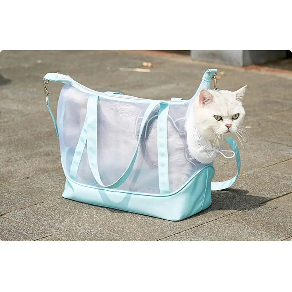Sac de transport pour chat turquoise avec parois transparentes panoramiques posé au sol, montrant un chat blanc sortant la tête par l'ouverture sécurisée avec un filet de protection souple.