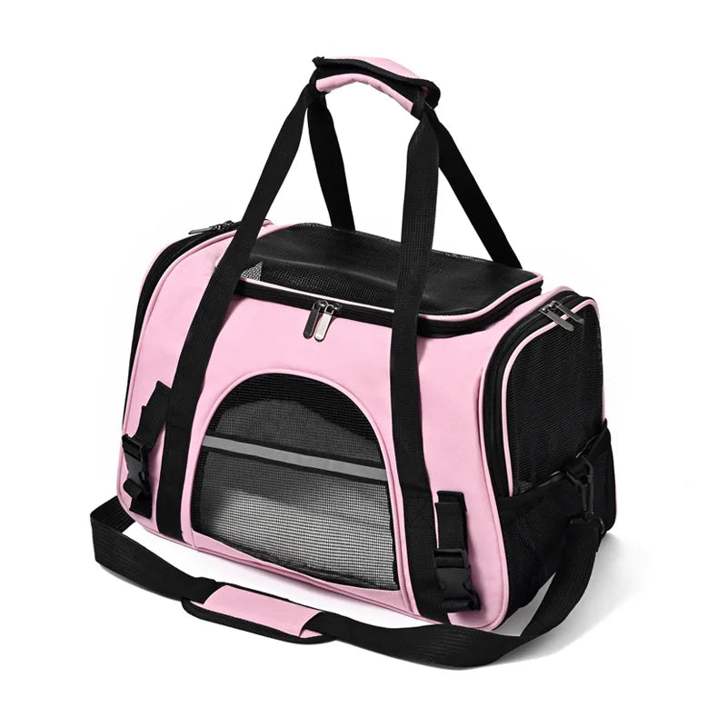Sac de transport souple pour chat rose poudré et noir avec fenêtres en maille respirante, bandoulière d'épaule rembourrée, poignées confortables et bande réfléchissante de sécurité.