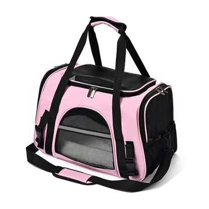 Sac de transport souple pour chat rose poudré et noir avec fenêtres en maille respirante, bandoulière d'épaule rembourrée, poignées confortables et bande réfléchissante de sécurité.