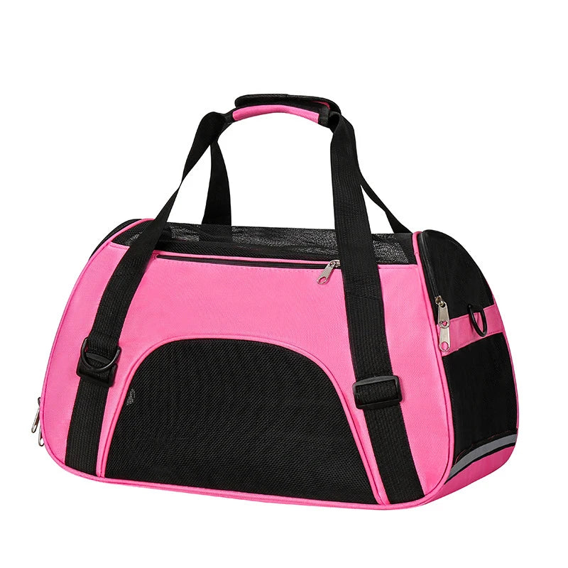 Sac de transport souple pour chat rose vif et noir avec larges fenêtres en maille respirante, bandoulière d'épaule réglable et poignées confortables pour un voyage sécurisé.