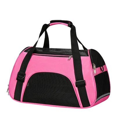 Sac de transport souple pour chat rose vif et noir avec larges fenêtres en maille respirante, bandoulière d'épaule réglable et poignées confortables pour un voyage sécurisé.