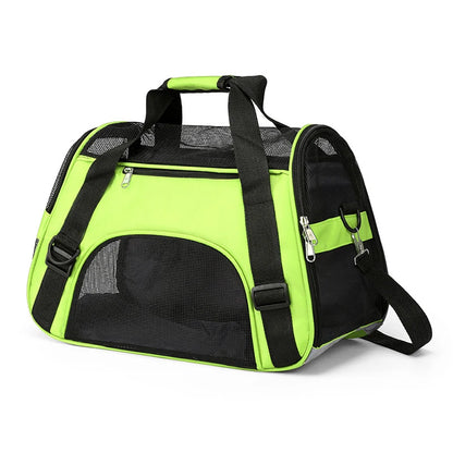 Sac de transport souple pour chat vert fluo et noir avec larges fenêtres en maille respirante, bandoulière d'épaule réglable et poignées confortables pour un voyage sécurisé.