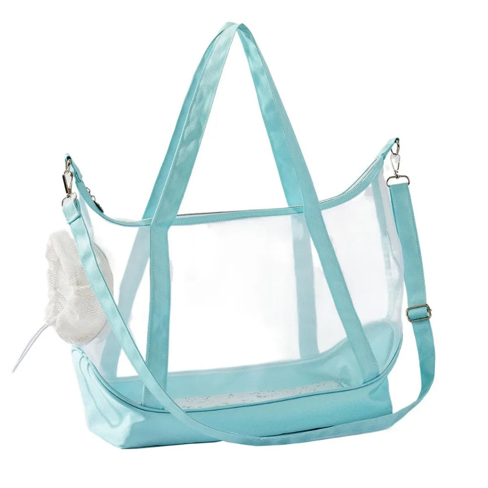 Sac de transport transparent pour chat bleu turquoise type tote bag avec vue panoramique, comprenant de grandes anses, une bandoulière d'épaule réglable et un filet de protection souple.
