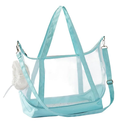 Sac de transport transparent pour chat bleu turquoise type tote bag avec vue panoramique, comprenant de grandes anses, une bandoulière d'épaule réglable et un filet de protection souple.