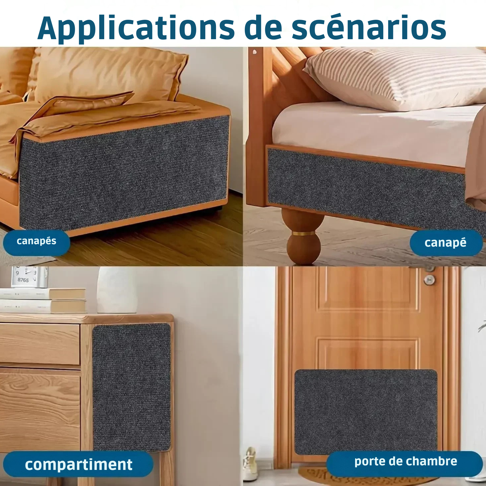 Infographie marketing présentant les différents scénarios d'utilisation du tapis griffoir chat adhésif gris anthracite. L'image illustre l'application de la protection sur un canapé (sofas), un cadre de lit en bois (couch), une commode (compartment) et une porte de chambre (bedroom door). Ce tapis griffoir pour chat est la solution universelle pour stopper les griffures sur toutes les surfaces de la maison. Grâce à son format découpable et sa haute adhérence, ce tapis griffoir a chat protège durablement vos