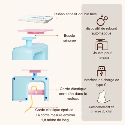 Schéma technique de montage du jouet pour chat automatique avec adhésif double-face et mécanisme de rebond. Ce jouet chat interactif dispose d'une corde élastique de 1,8 m et d'une interface de charge Type-C. Une conception robuste parmi les jouet animaux pour stimuler l'instinct de chasse naturel grâce à un système motorisé intelligent.