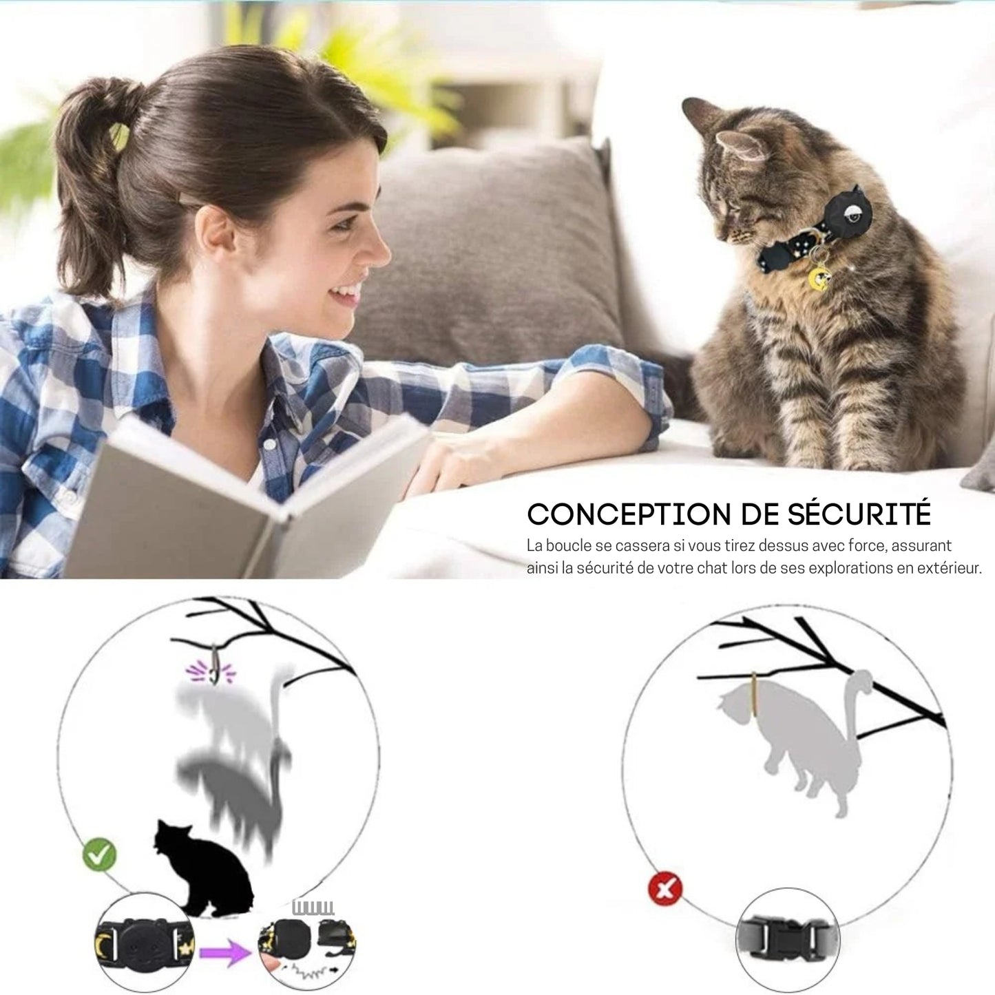Collier gps chat avec boucle de sécurité détachable pour prévenir l'étranglement. Le visuel compare un système sécurisé qui se libère si l'animal est coincé dans une branche, contrairement aux boucles classiques dangereuses. Une solution de protection indispensable pour votre collier gps, idéale comme premier collier gps pour chaton aventurier.