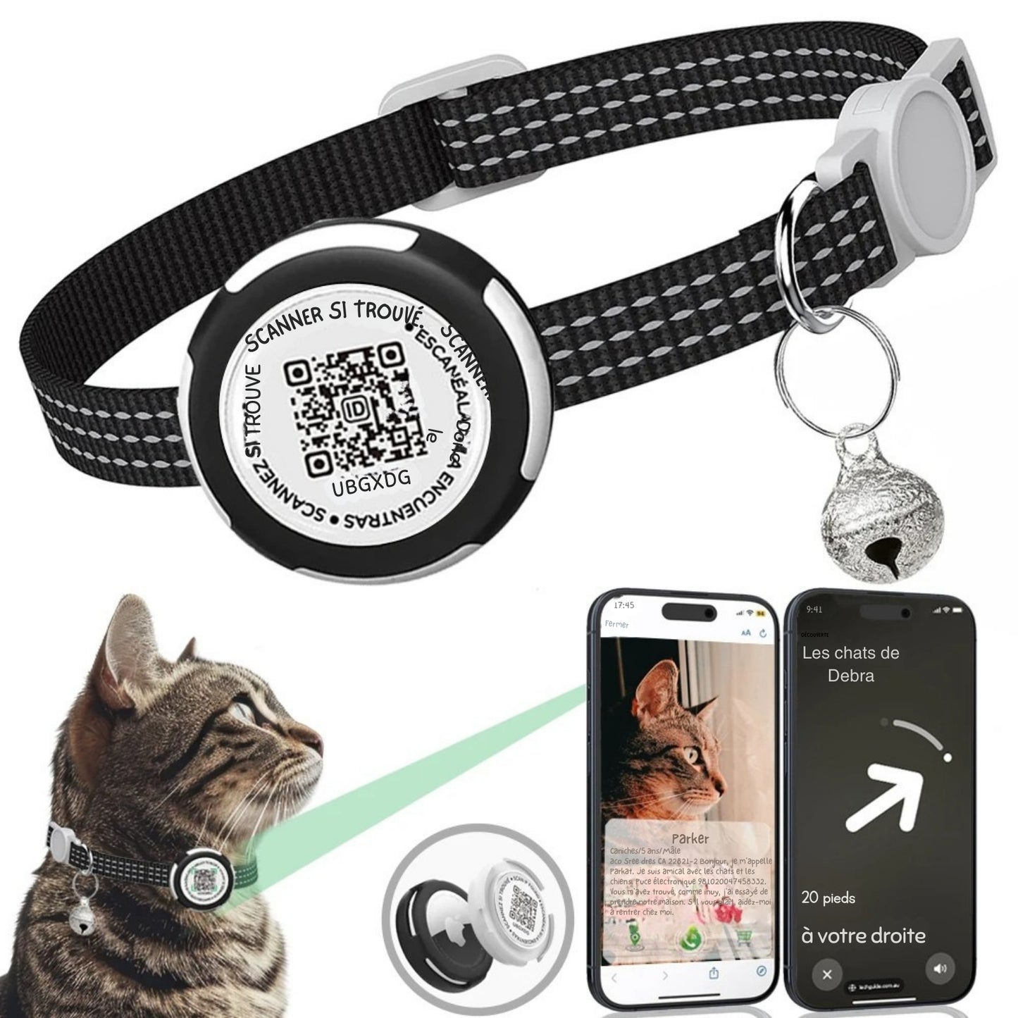 Collier gps chat noir avec bandes réfléchissantes, médaillon QR code « Scanner si trouvé » et support AirTag. Le visuel présente l'interface d'application avec profil personnalisé (Parker) et guidage directionnel ("20 pieds à votre droite"). Une solution de sécurité totale, idéale comme collier gps pour chaton pour un suivi précis via ce collier gps connecté.