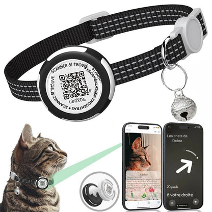 Collier gps chat noir avec bandes réfléchissantes, médaillon QR code « Scanner si trouvé » et support AirTag. Le visuel présente l'interface d'application avec profil personnalisé (Parker) et guidage directionnel ("20 pieds à votre droite"). Une solution de sécurité totale, idéale comme collier gps pour chaton pour un suivi précis via ce collier gps connecté.