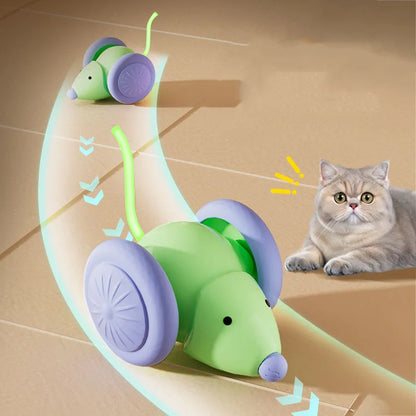 Photographie de mise en situation d'une souris robotique interactive de la marque Les Trésors d'Owka, illustrant un jeux pour chat innovant. L'image montre un chat British Shorthair observant avec attention le parcours d'une souris intelligente aux couleurs vert et violet. Une trajectoire lumineuse courbe avec des flèches directionnelles démontre la technologie de déplacement aléatoire du dispositif, conçu pour stimuler l'instinct de chasse naturel et combattre l'ennui des félins d'intérieur. Ce jouet chat 