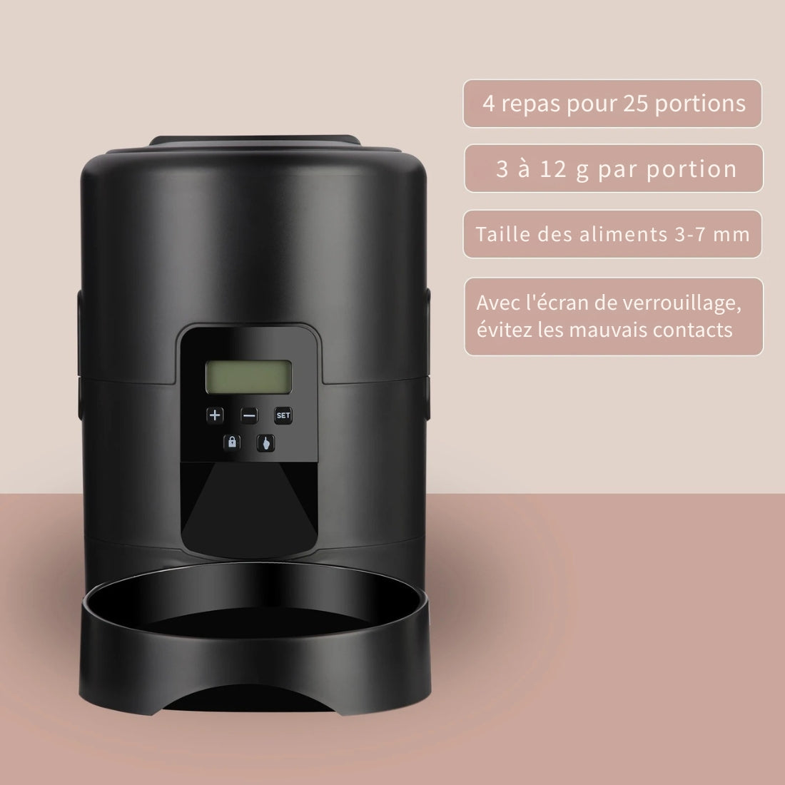 Distributeur automatique de croquettes noir avec écran LCD de programmation, permettant de servir 4 repas par jour, avec des portions de 3 à 12g pour des aliments de 3 à 7mm.