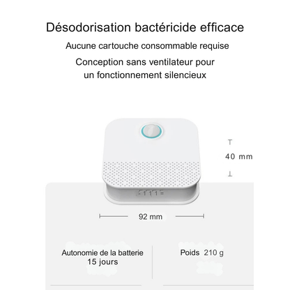 Infographie descriptive des caractéristiques du Purificateur d'Air Intelligent pour Litière de la marque Les Trésors d'Owka. L'image détaille les spécifications techniques : dimensions compactes de 92mm par 40mm, poids léger de 210g et une autonomie de batterie de 15 jours. Ce Purificateur d'Air chat utilise une technologie de désodorisation bactéricide efficace sans aucun consommable ni cartouche à remplacer, offrant une utilisation économique et durable. Sa conception sans ventilateur garantit un fonction