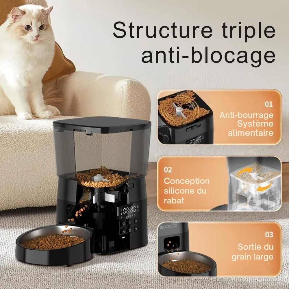 Infographie du distributeur ROJECO détaillant sa structure triple anti-blocage : système rotatif anti-bourrage, rabat en silicone hermétique et sortie de grains large pour une distribution fluide.