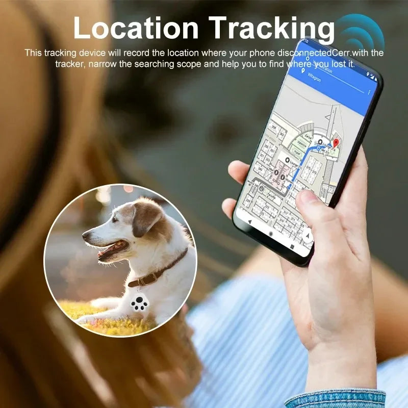 Infographie de suivi de localisation montrant un smartphone avec une application GPS affichant une carte précise, et un chien portant un traceur Bluetooth blanc en forme de patte à son collier.