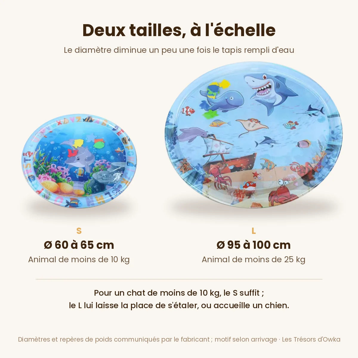 Tapis d'eau pour chat en deux tailles à l'échelle : Ø 60 à 65 cm pour moins de 10 kg, Ø 95 à 100 cm pour moins de 25 kg — Les Trésors d'Owka