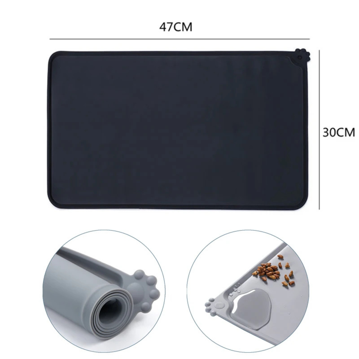 Tapis de gamelle noir en silicone de 47x30 cm pour chien et chat, imperméable et antidérapant, avec rebord anti-débordement pour eau et croquettes, facilement enroulable pour le rangement.