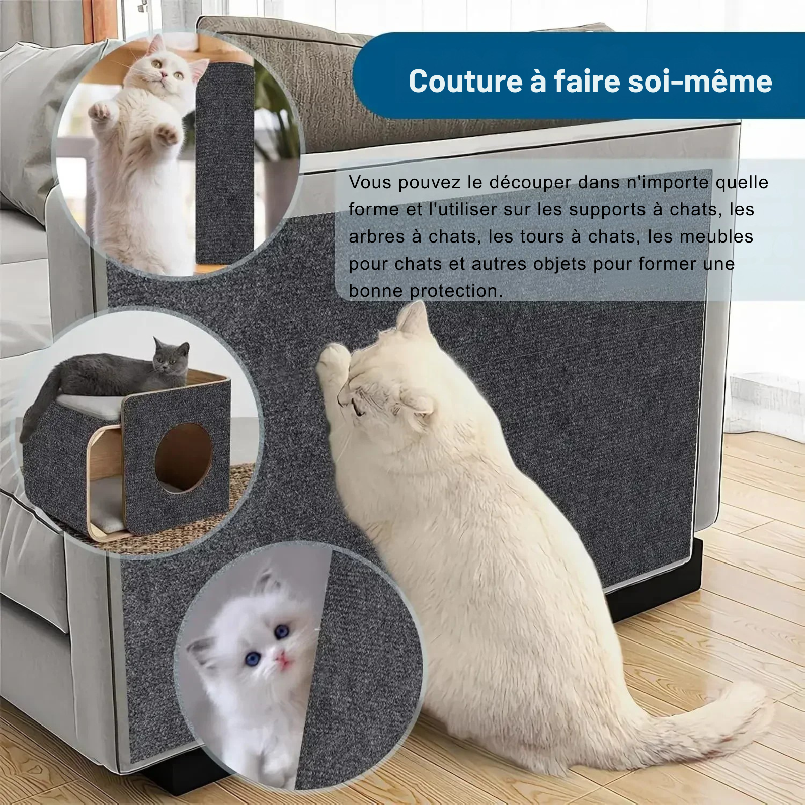 Infographie marketing présentant l'application DIY découpable d'un tapis griffoir chat gris foncé. La scène principale montre un chat blanc utilisant le tapis adhésif collé sur la base d'un canapé moderne. Des cercles détaillent l'utilisation multifonction de ce tapis griffoir pour chat sur un pied de table, un griffoir vertical d'arbre à chat et une niche. Ce tapis griffoir a chat est la solution sur-mesure pour protéger tout votre mobilier contre les griffures, exclusivement chez Les Trésors d'Owka.