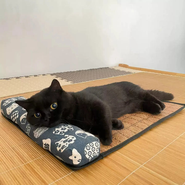 Tapis rafraîchissant chat en fibres naturelles de bambou montrant un chat noir allongé avec sa tête sur l'oreiller intégré. Ce coussin rafraîchissant chat offre une régulation thermique passive sans gel. Idéal comme coussin froid pour chat durant l'été et la canicule. Qualité Les Trésors d'Owka.