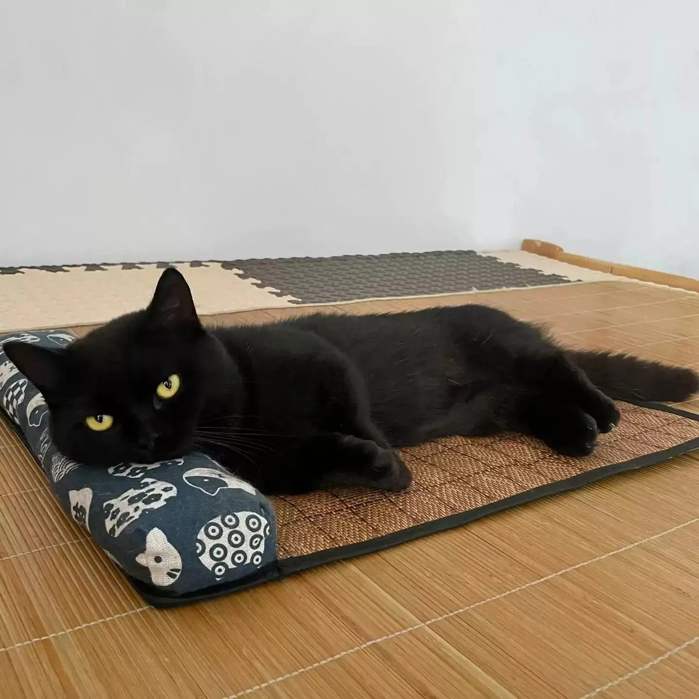 Tapis rafraîchissant chat en rotin naturel montrant un chat noir allongé au frais avec sa tête sur le repose-tête à motifs. Ce coussin rafraîchissant chat écologique offre une surface froide sans électricité. Idéal comme coussin froid pour chat haute qualité pour prévenir les coups de chaleur. Qualité Les Trésors d'Owka.