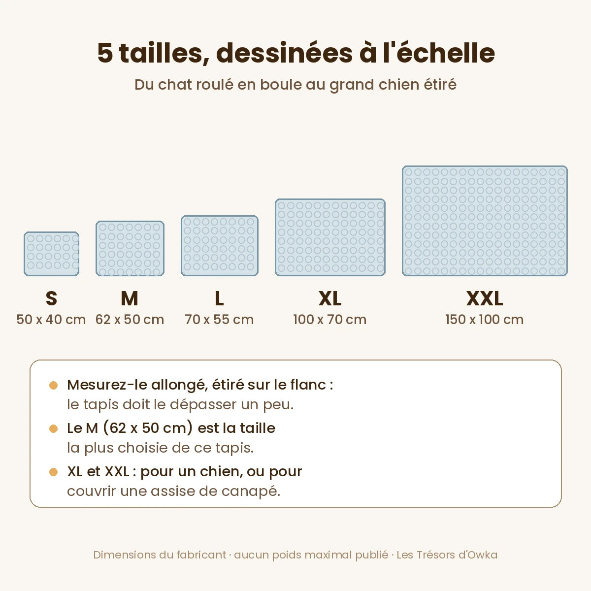 Les 5 tailles du tapis rafraîchissant « Soie Glacée » à l'échelle, de 50 x 40 à 150 x 100 cm — Les Trésors d'Owka