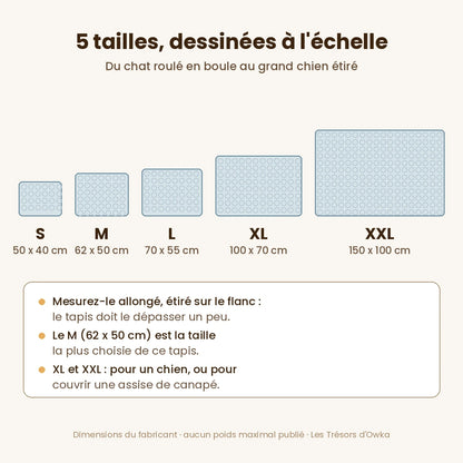 Les 5 tailles du tapis rafraîchissant « Soie Glacée » à l'échelle, de 50 x 40 à 150 x 100 cm — Les Trésors d'Owka